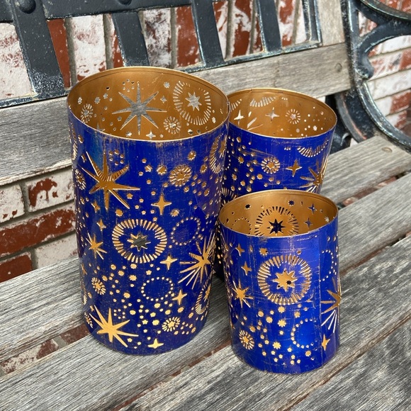 Serrv Celestial Blue and Gold Candle Holder Set (3)